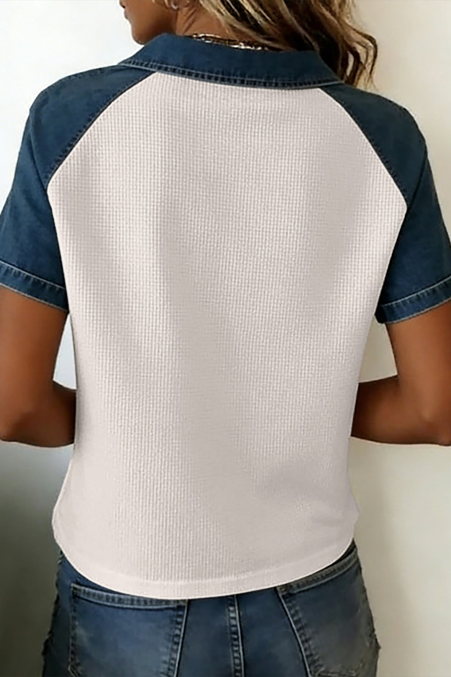 White Textured Color Block Denim Patchwork Polo Collar Tee
