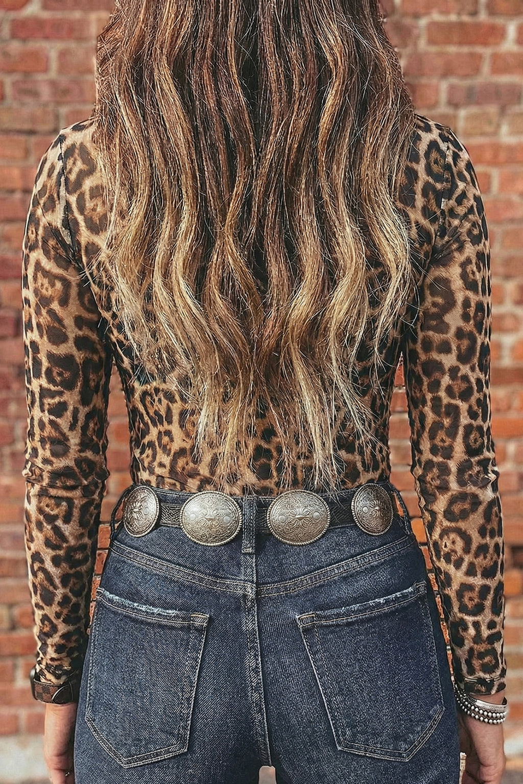Oatmeal Western Print Slim Fit Mesh Long Sleeve Mock Neck Top