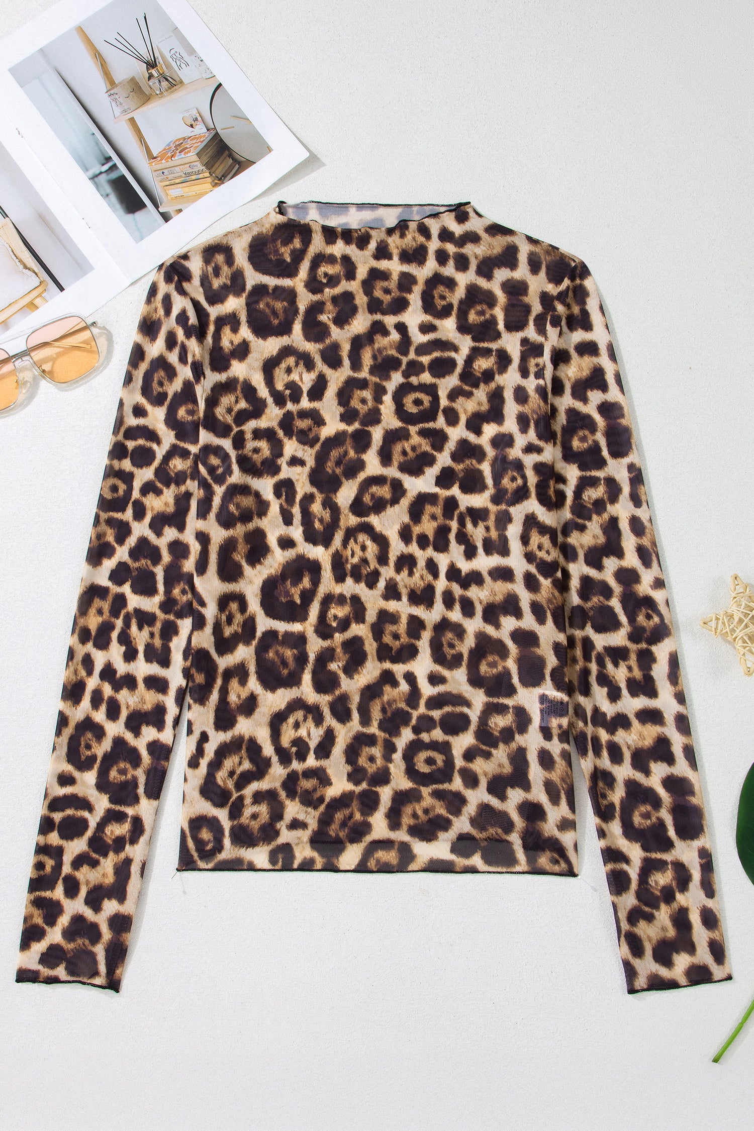 Oatmeal Western Print Slim Fit Mesh Long Sleeve Mock Neck Top