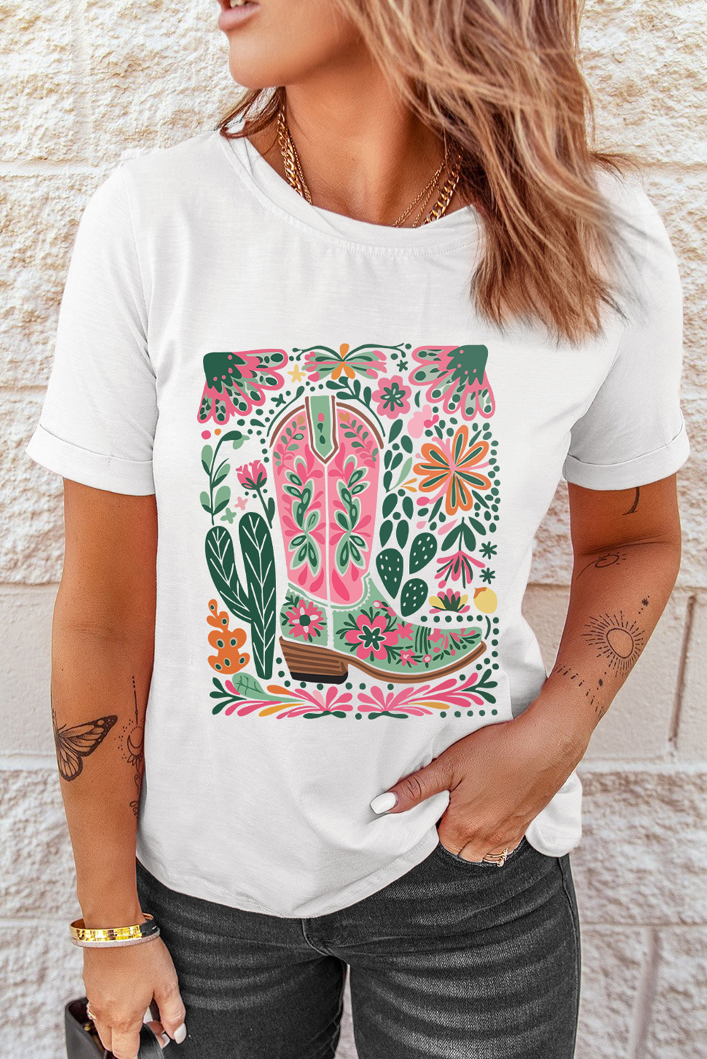 White Boots Flower Heat Transfer Printing Crew Neck Graphic Loose Tee