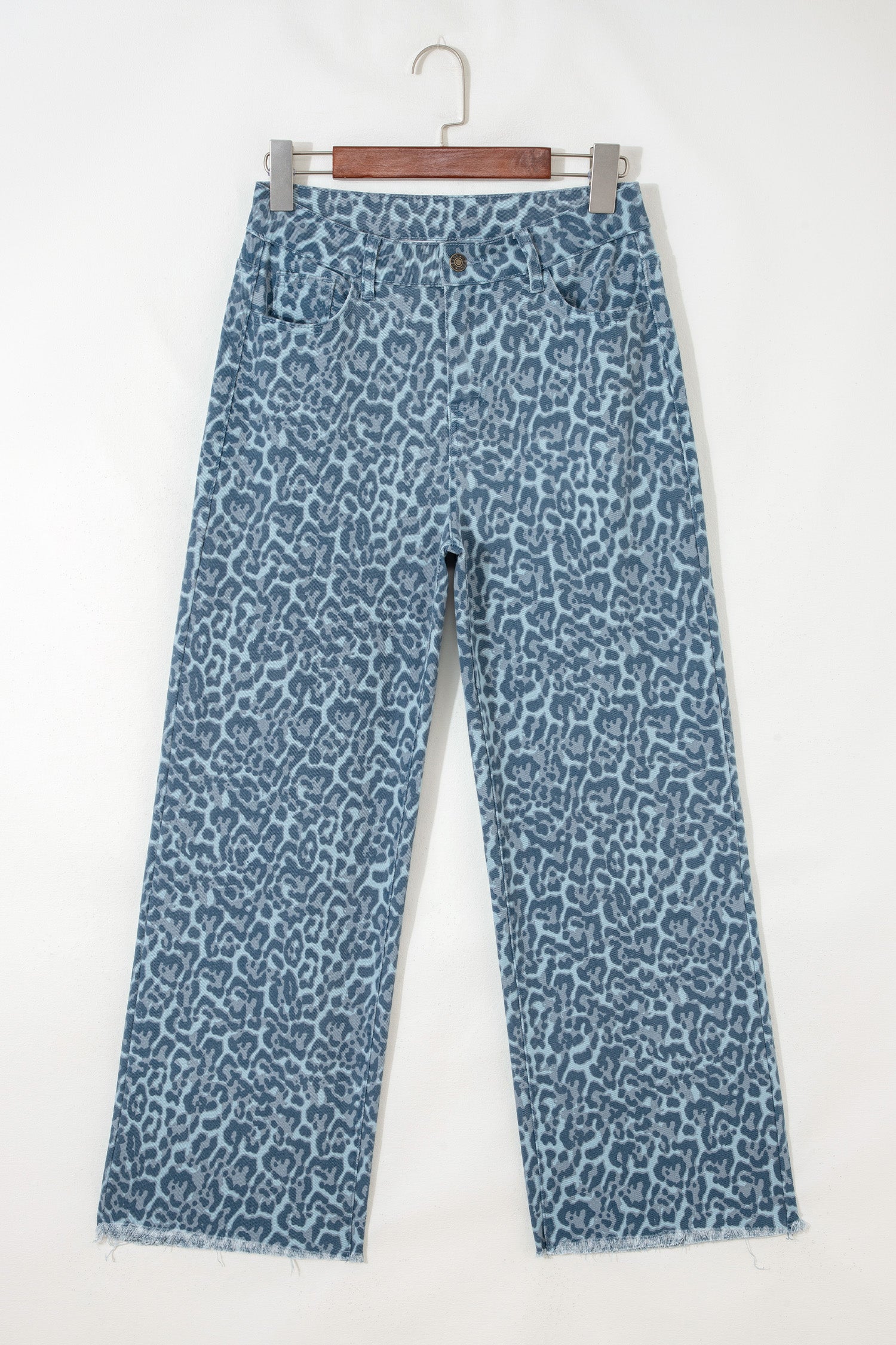 Sky Blue Leopard Frayed Edge Wide Leg High Waist Jeans