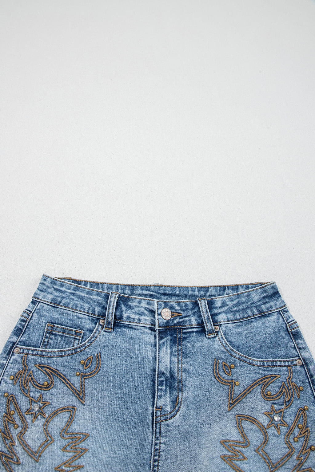 Dusk Blue Western Embroidery Stud Denim Shorts Summer Daily Wear