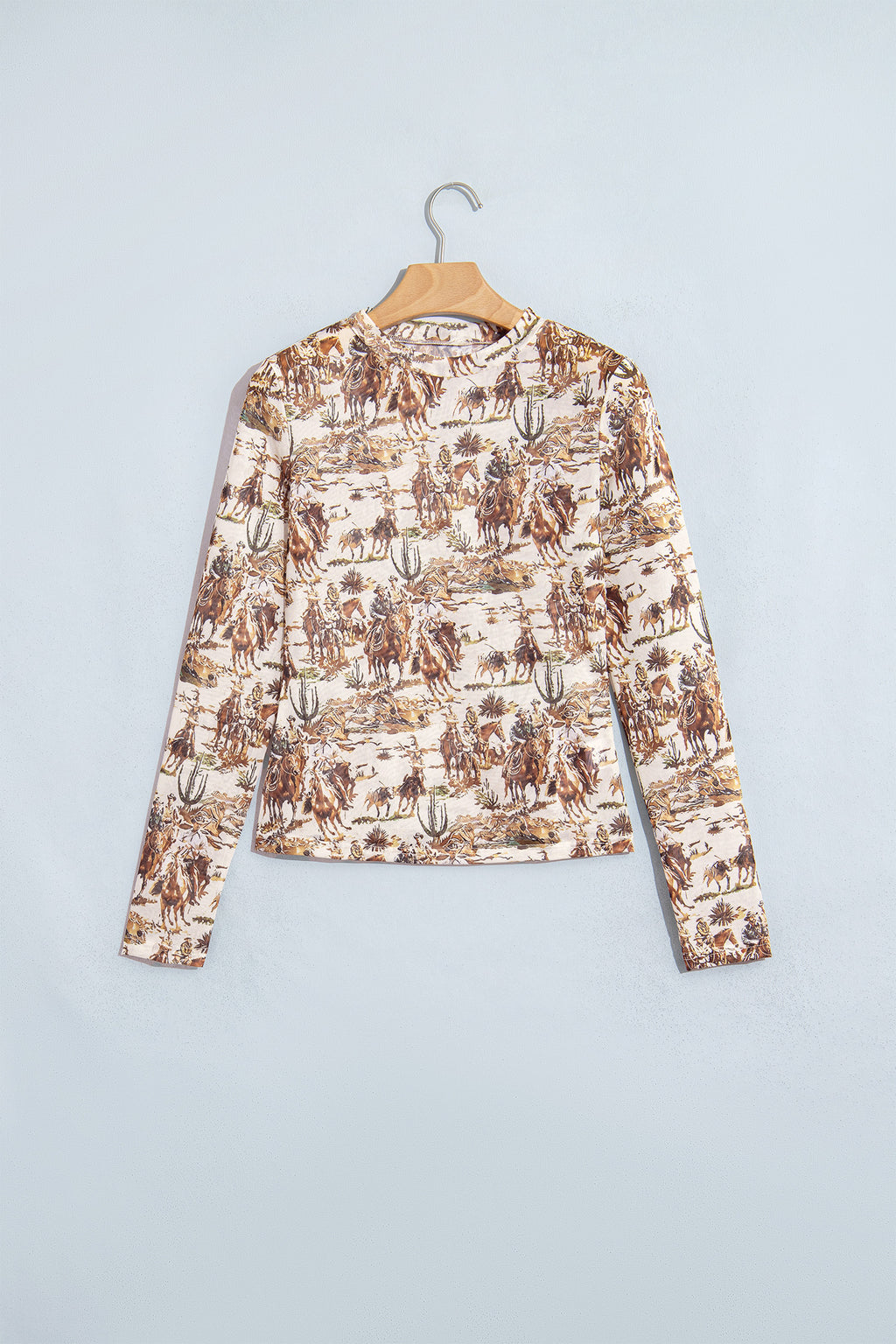 Beige Western Cowboy Floral Print Sheer Mesh Long Sleeve Top