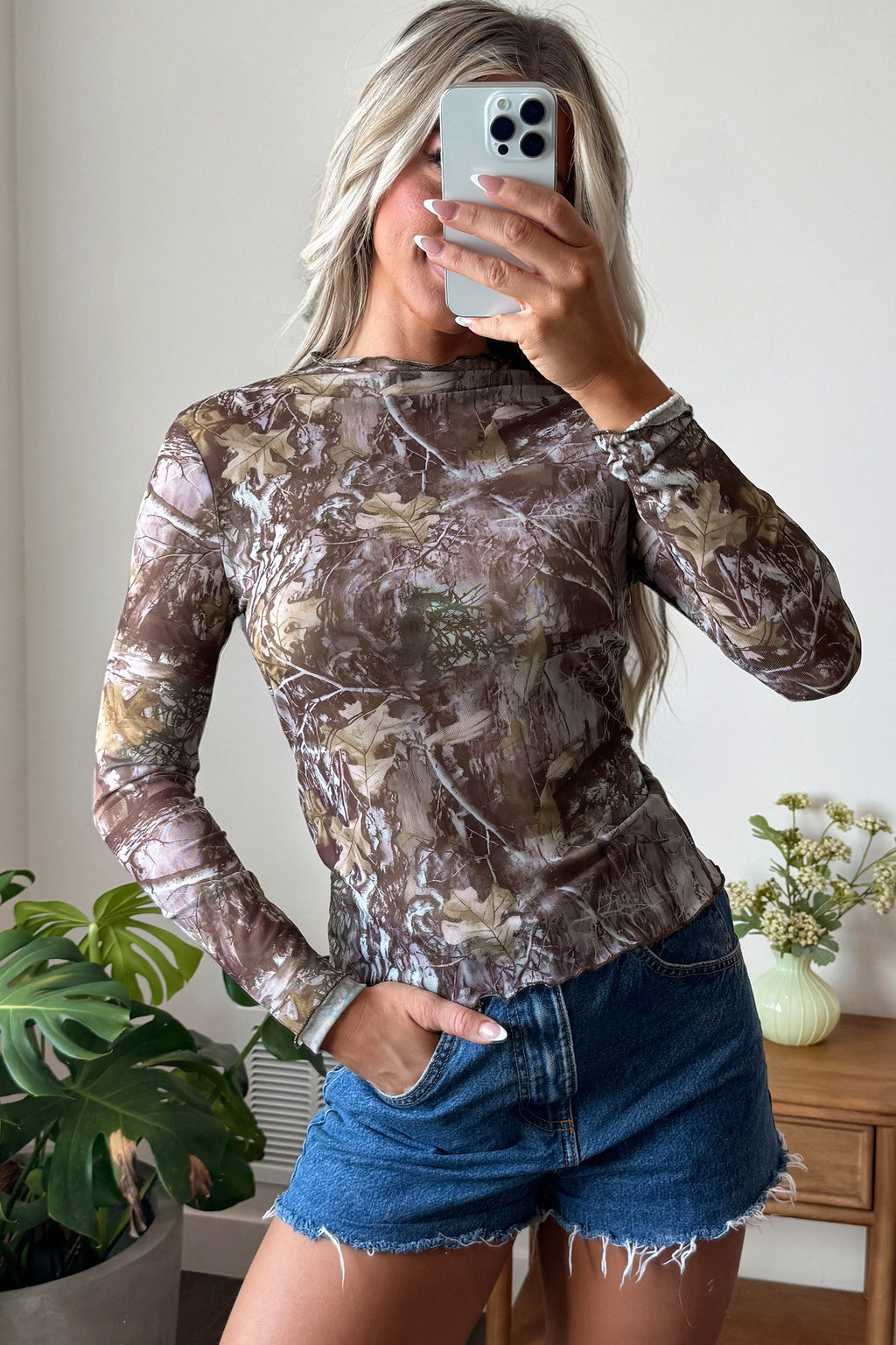 Oatmeal Western Print Slim Fit Mesh Long Sleeve Mock Neck Top