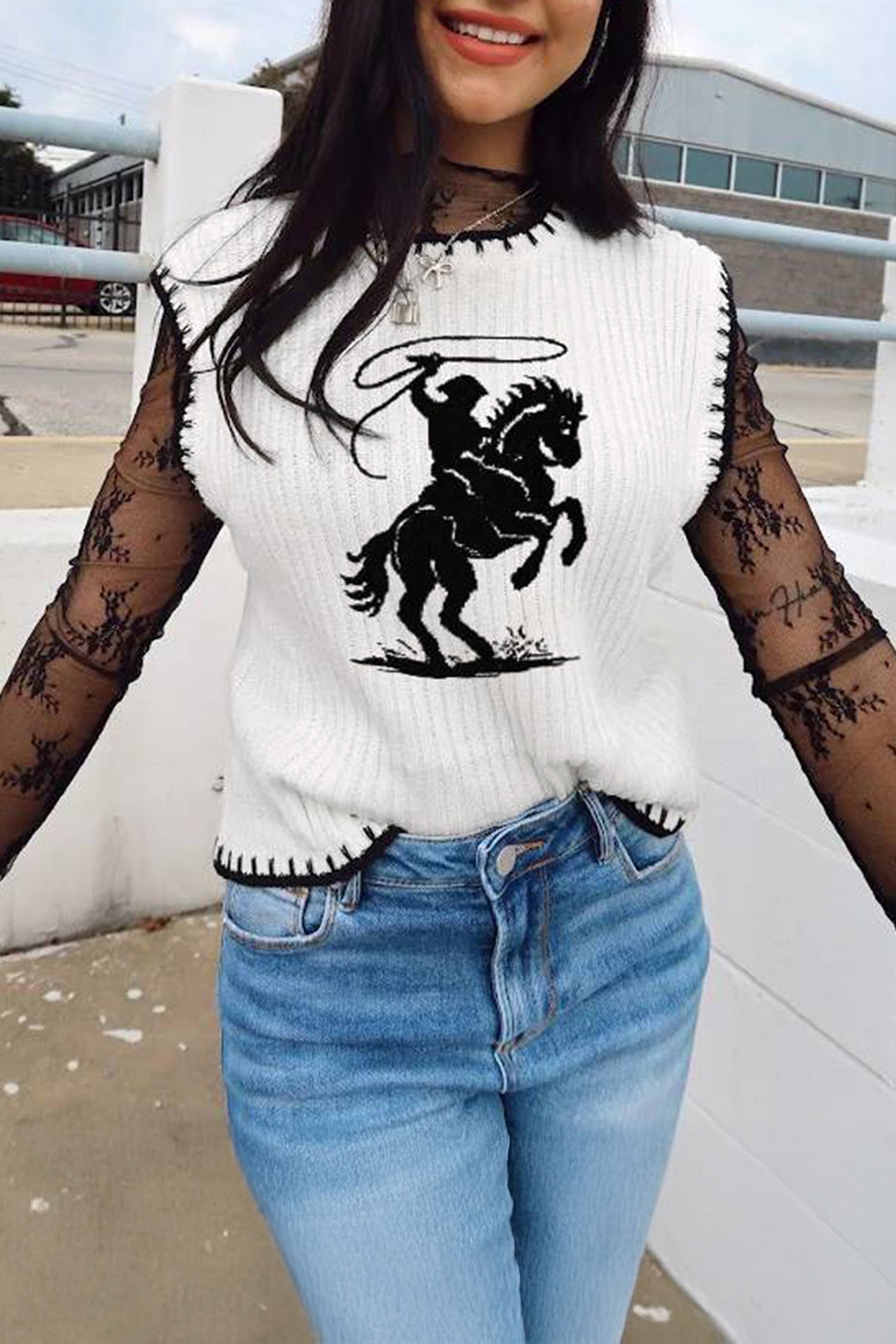 White Contrast Trim Round Neck Rodeo Cowboy Sweater Vest