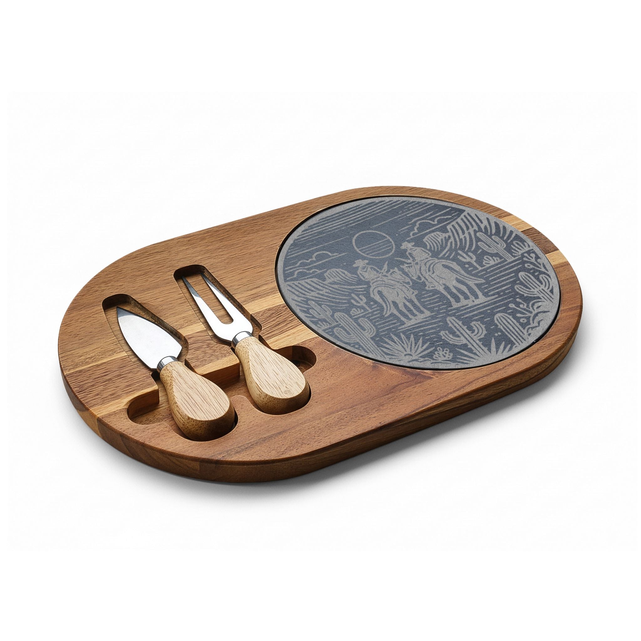 Engraved Western Charcuterie Board with Slate Inlay — Cowboy & Cactus Cheese Platter