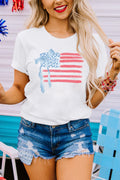 White American Flag Bow Knot Heat Transfer Printing Crew Neck T Shirt