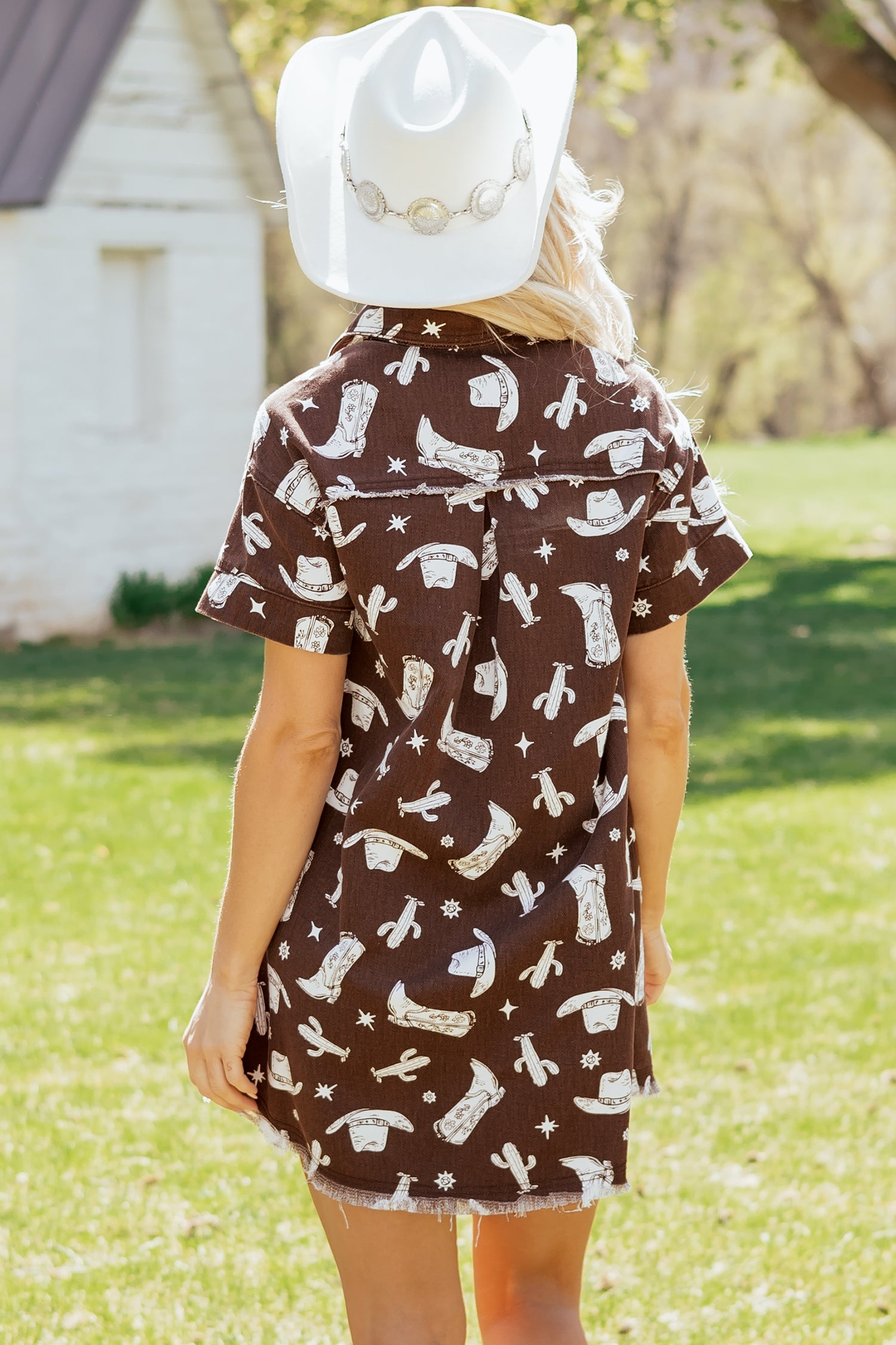 Brown Cowgirl Hats Boots Cactus Print Raw Edge Button Down Short Denim Dress