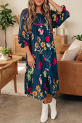 Blue Floral Print Gathered Neckline 7/8 Sleeve Casual Midi Dress