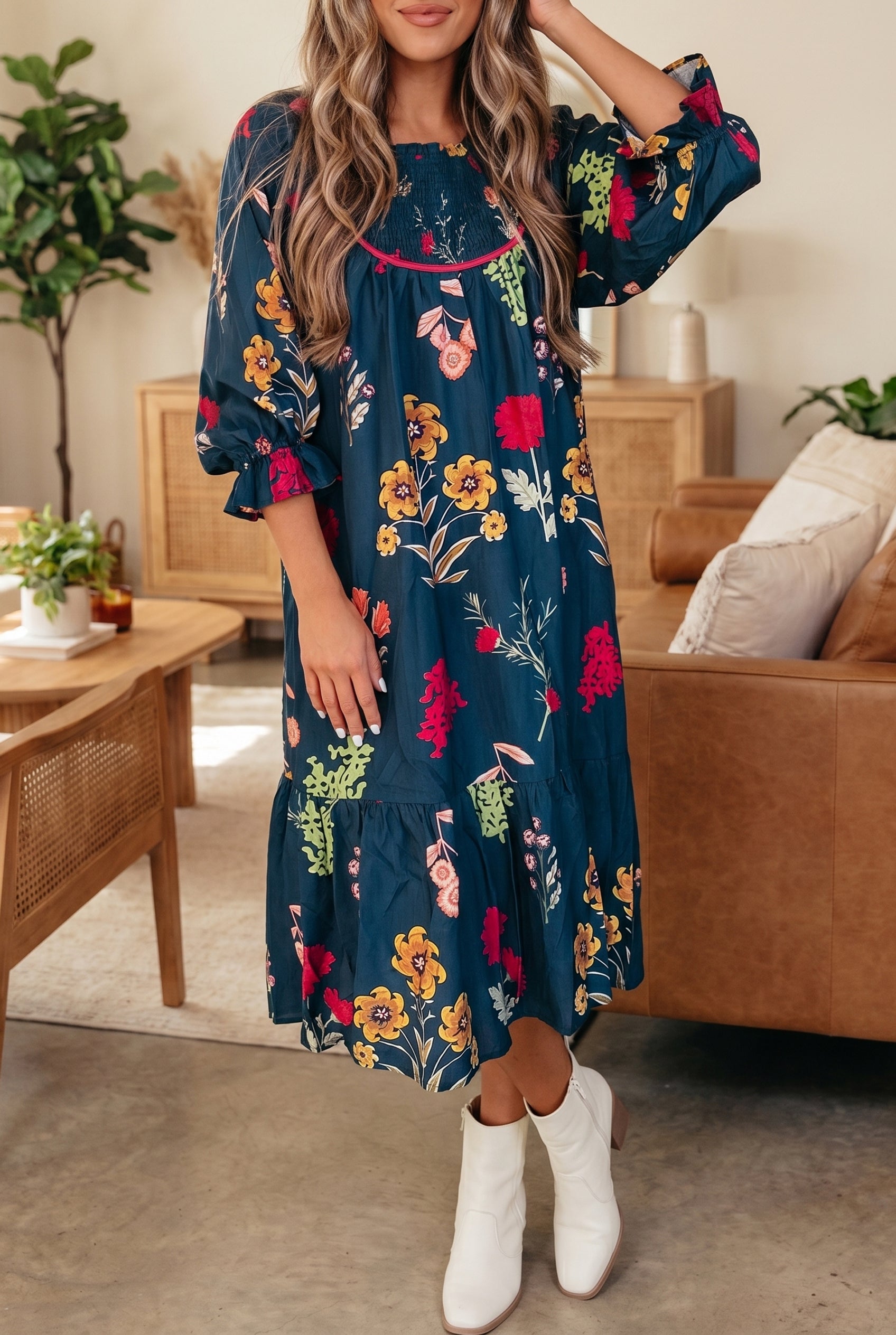 Blue Floral Print Gathered Neckline 7/8 Sleeve Casual Midi Dress