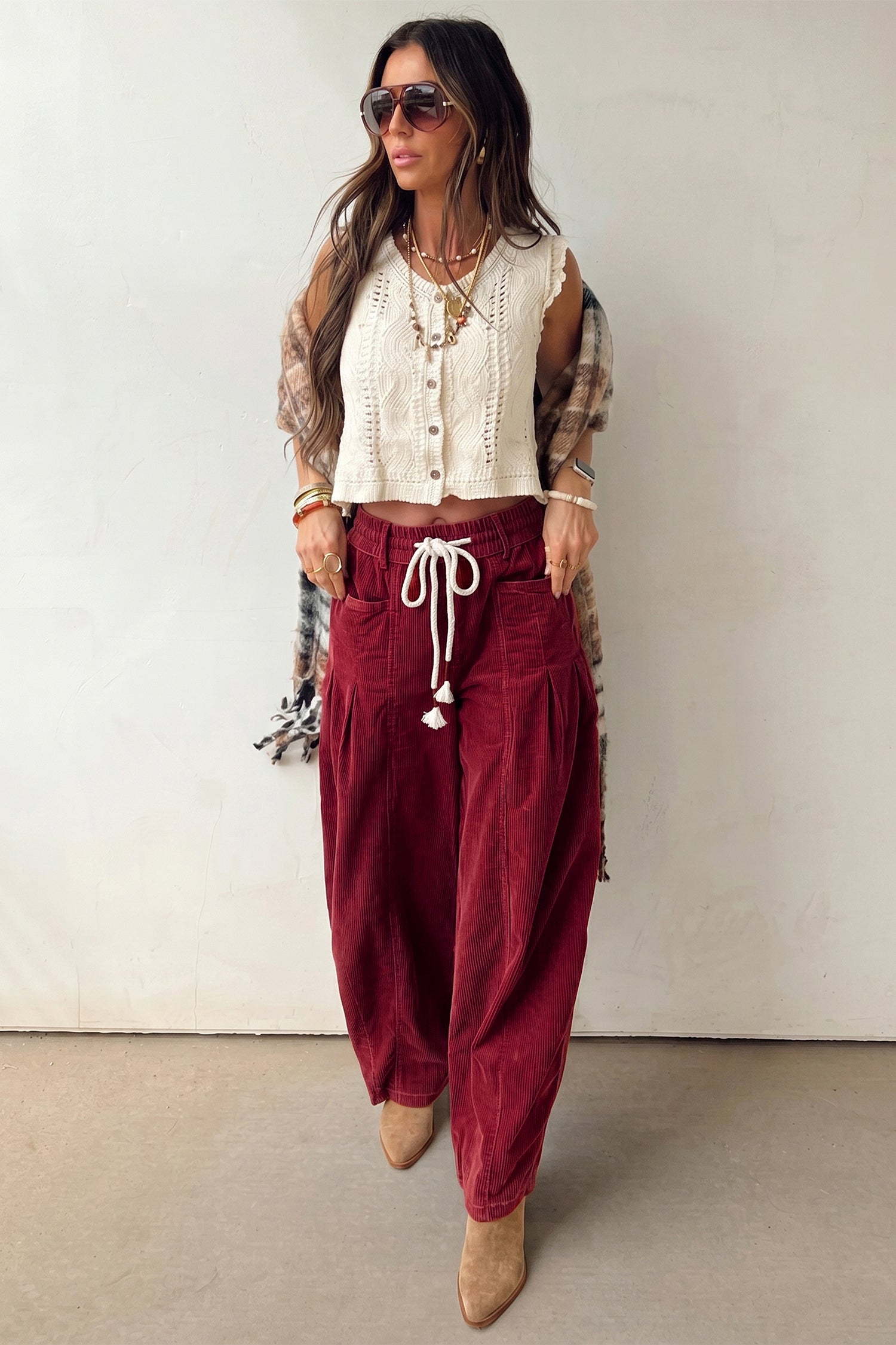 Racing Red Elastic Waist Drawstring Corduroy Casual Pants