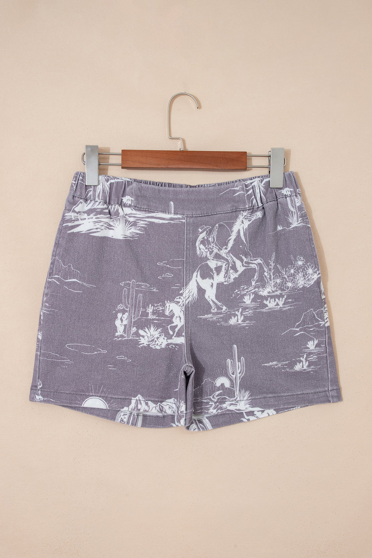 Gray Western Print Elastic Waist Cotton Denim Shorts