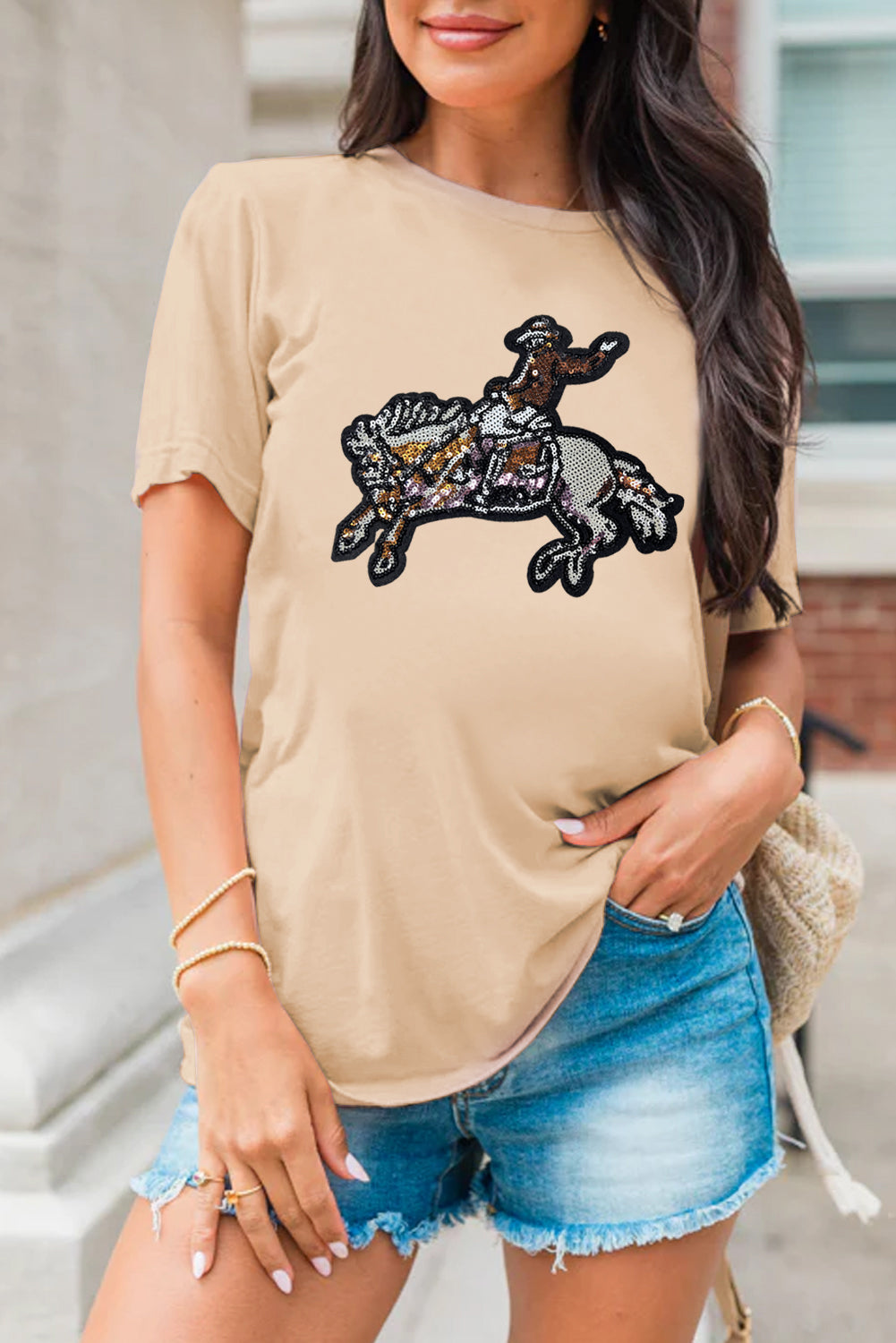 Khaki Rodeo Sequins Patch Graphic Crewneck Tee