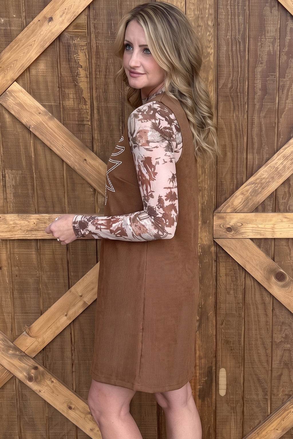 Coffee Geometric Embroidery Sleeveless Corduroy Shift Dress
