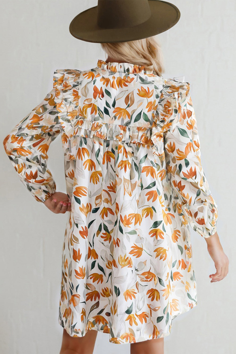 Yellow Floral Print Tie Neck Frill Detail Long Sleeve Mini Dress