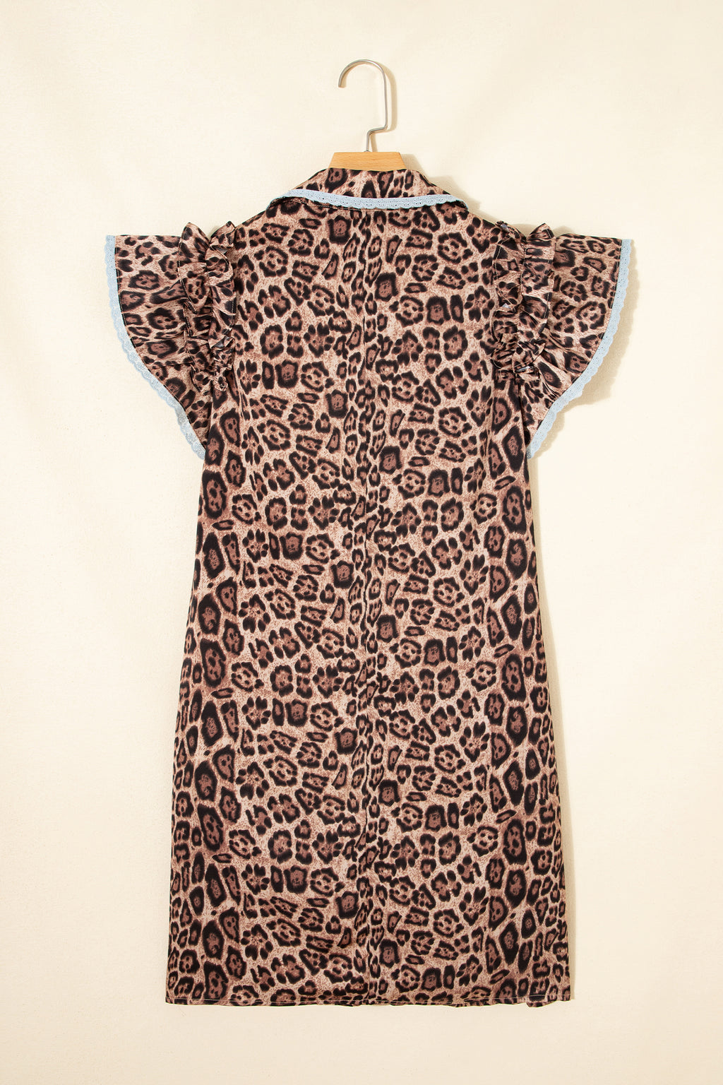 Khaki Leopard Print Lace Trim Shirt Collar Button Down Loose Mini Dress