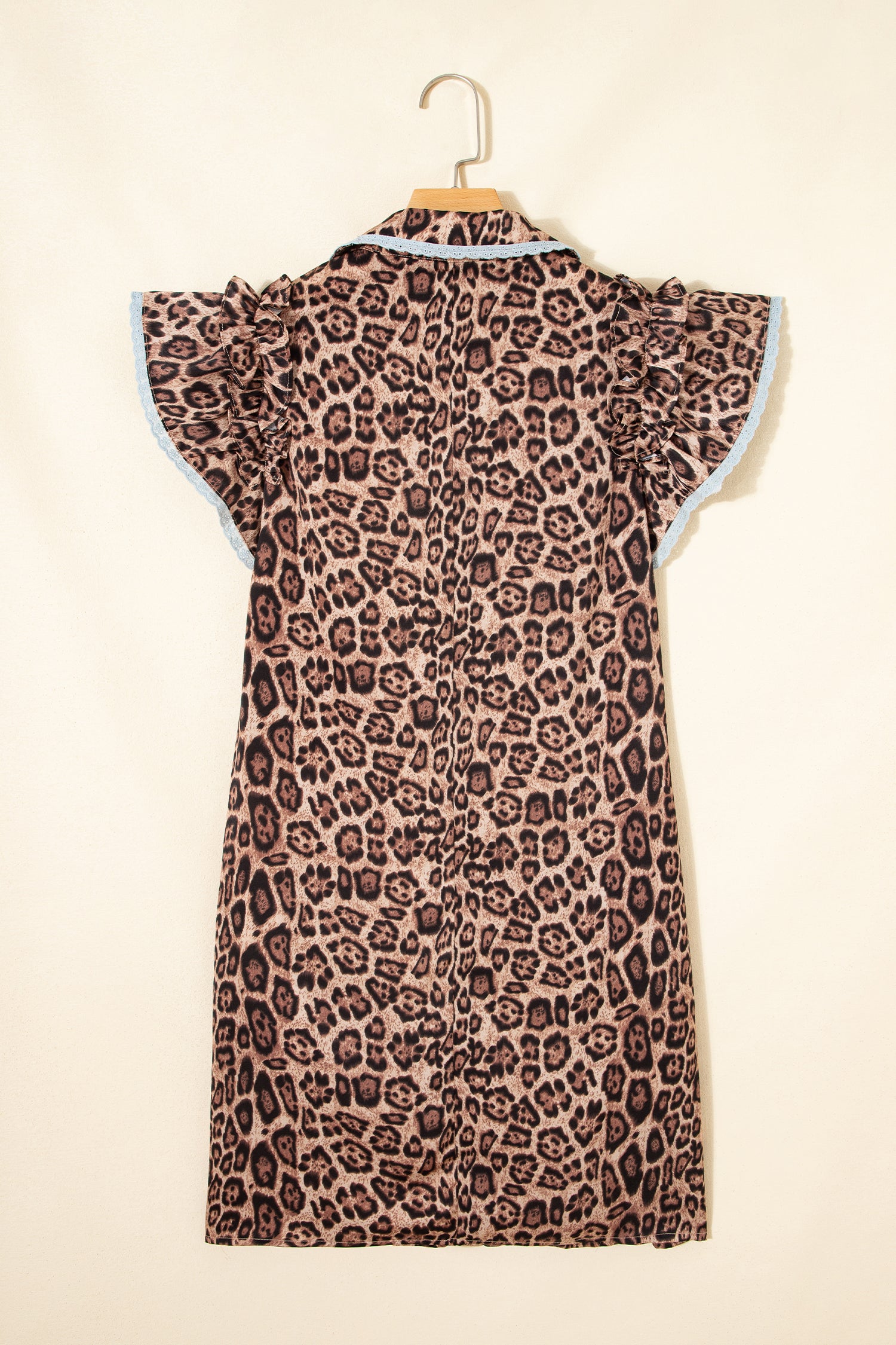 Khaki Leopard Print Lace Trim Shirt Collar Button Down Loose Mini Dress