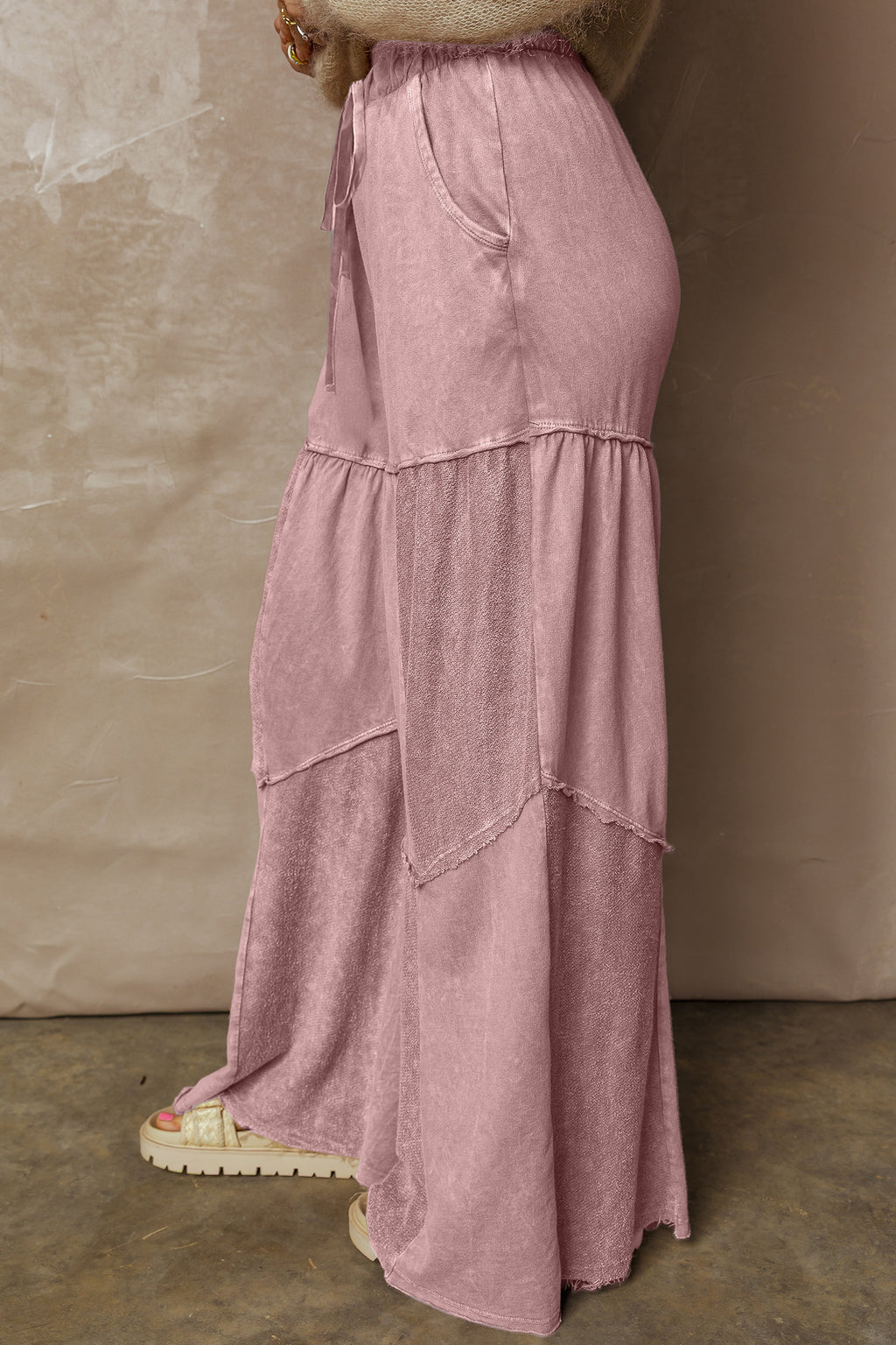 Vineyard Green Mineral Wash Tiered Wide Leg Patchwork Drawstring Pants
