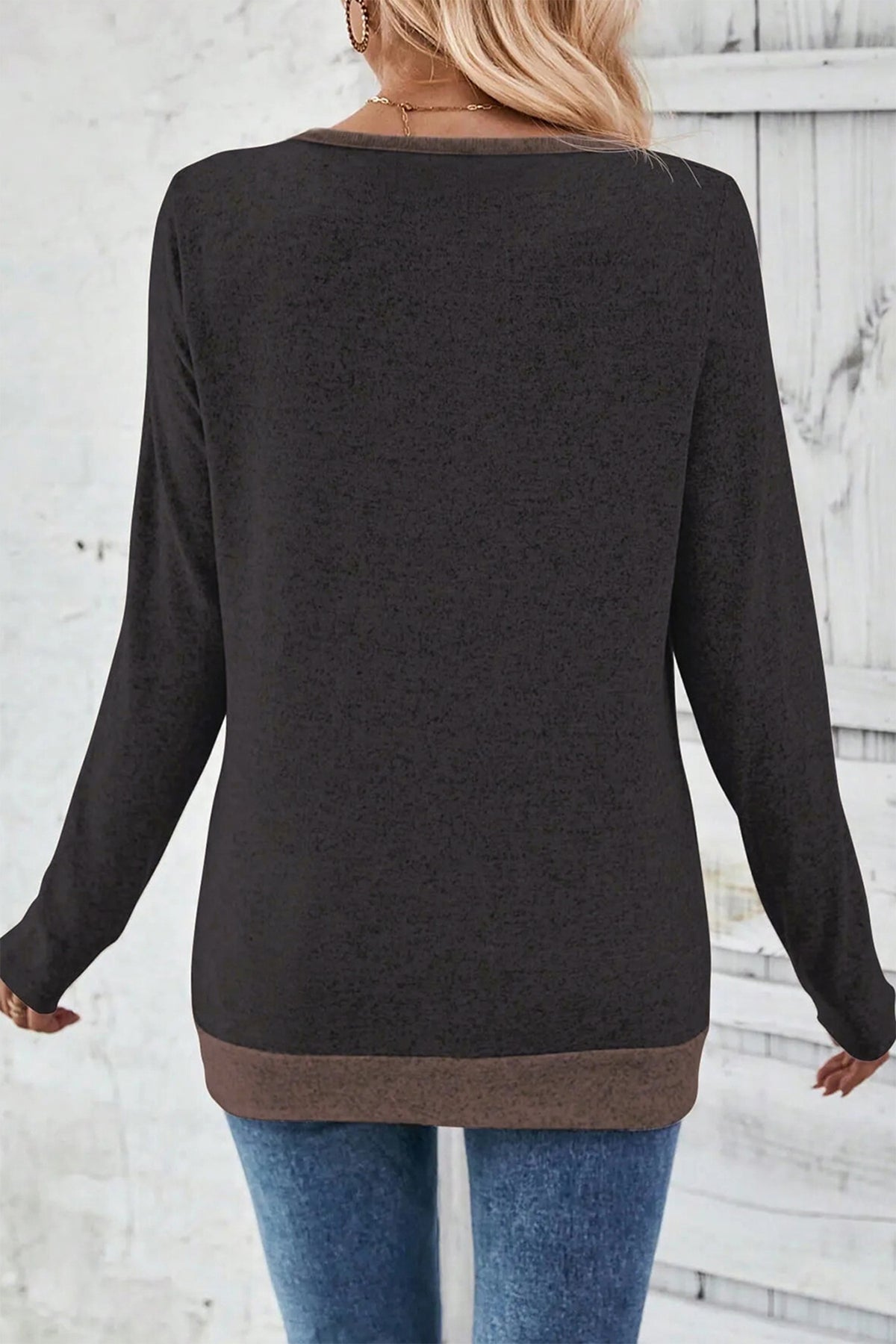 Chicory Coffee Color Block Trim V Neck Button Decor Long Sleeve Top