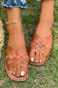 Coffee Crossed Woven Faux Leather Flat Fashion Slippers