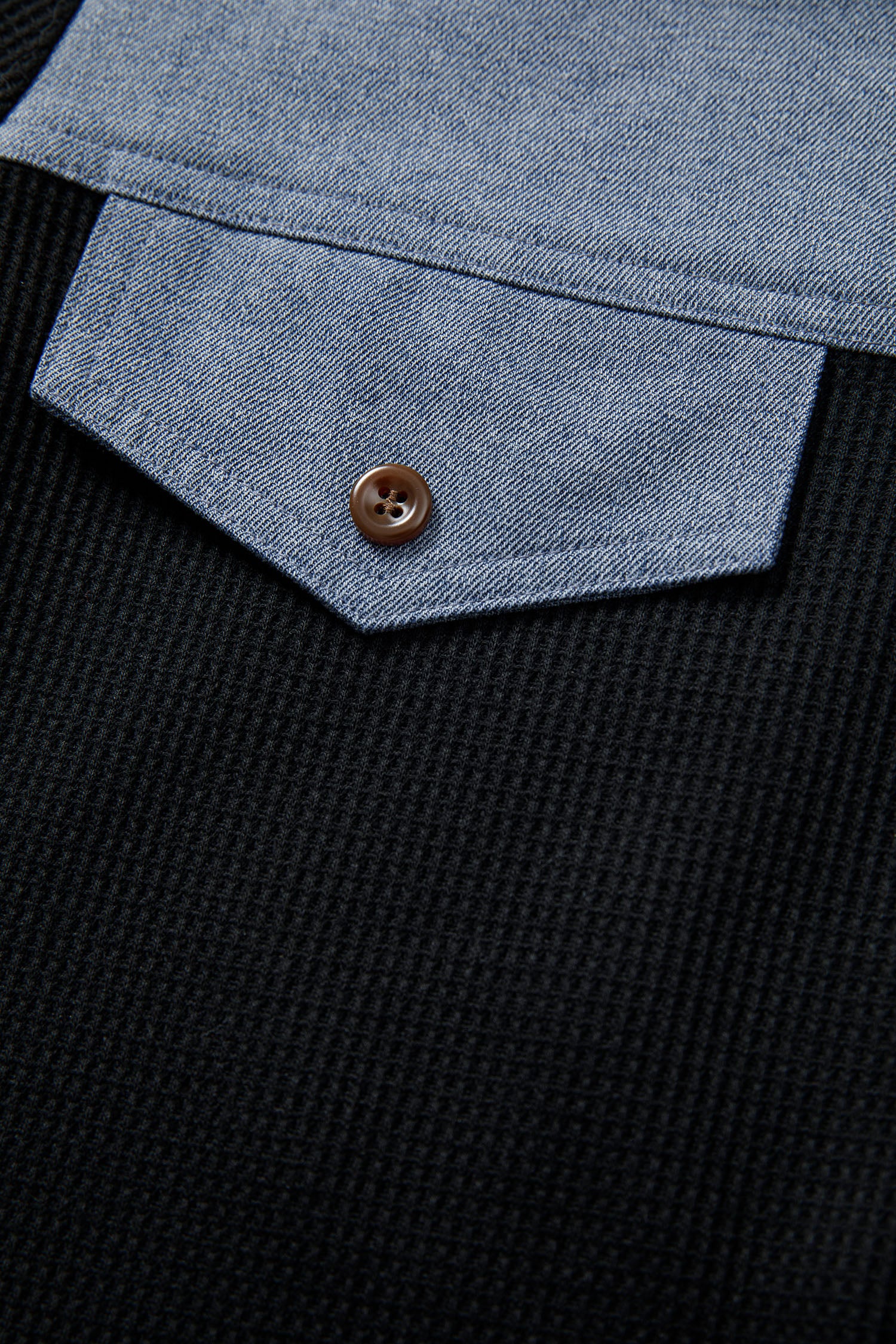 Black Waffle Knit Denim Color Block Patchwork Button Flap Polo Top