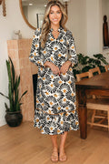 Black Abstract Floral Print Split V Neck Long Dress with Sleeves