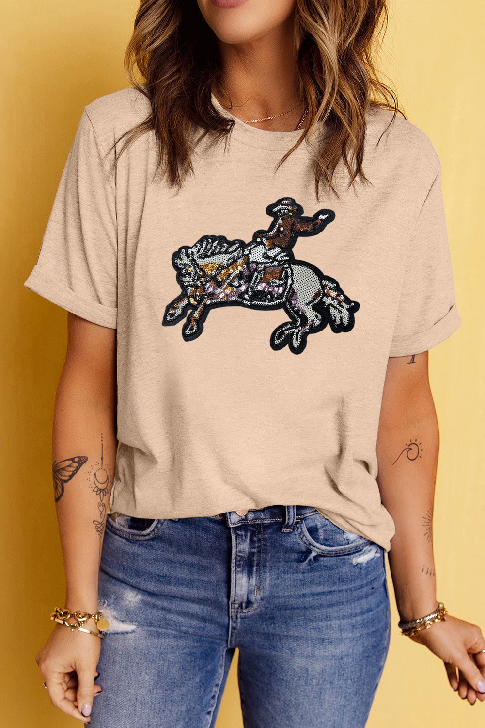 Khaki Rodeo Sequins Patch Graphic Crewneck Tee