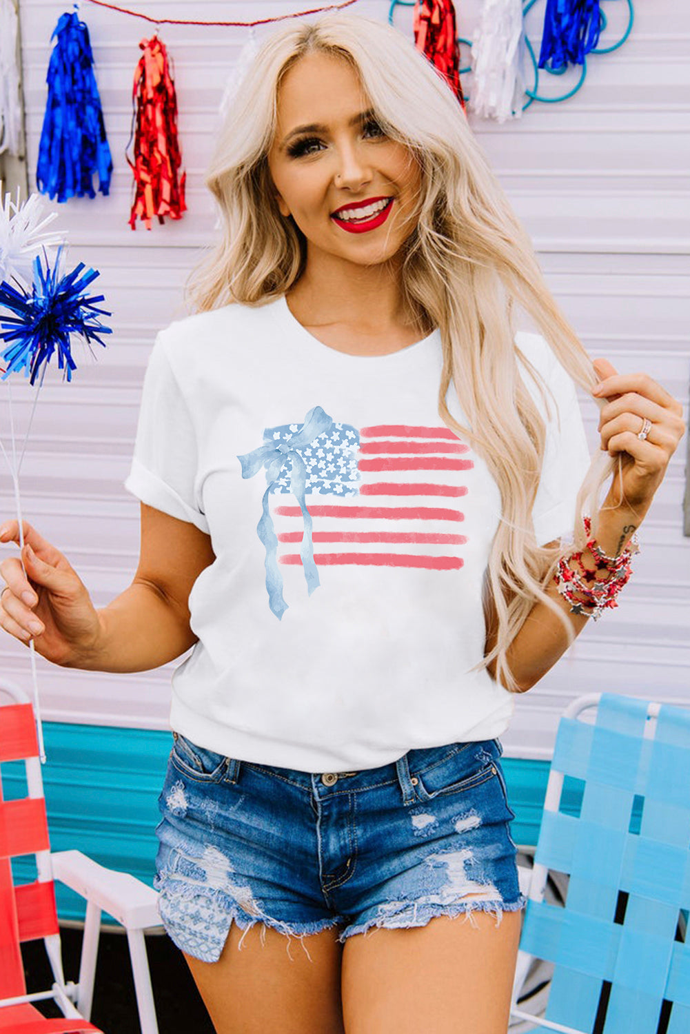 White American Flag Bow Knot Heat Transfer Printing Crew Neck T Shirt