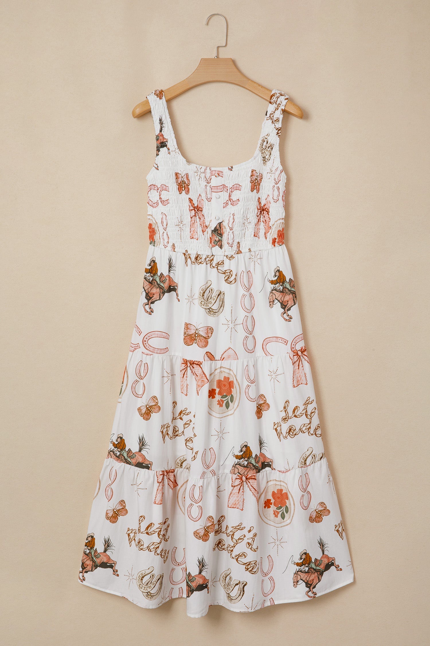 White Western Horseshoe Print U-Neck Sleeveless Midi Dress