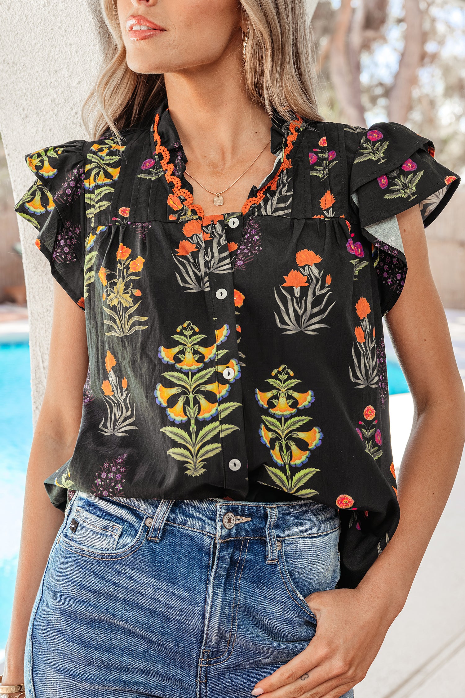 Black Floral Print Lace Trim Frilled V Neck Short Sleeve Shirt