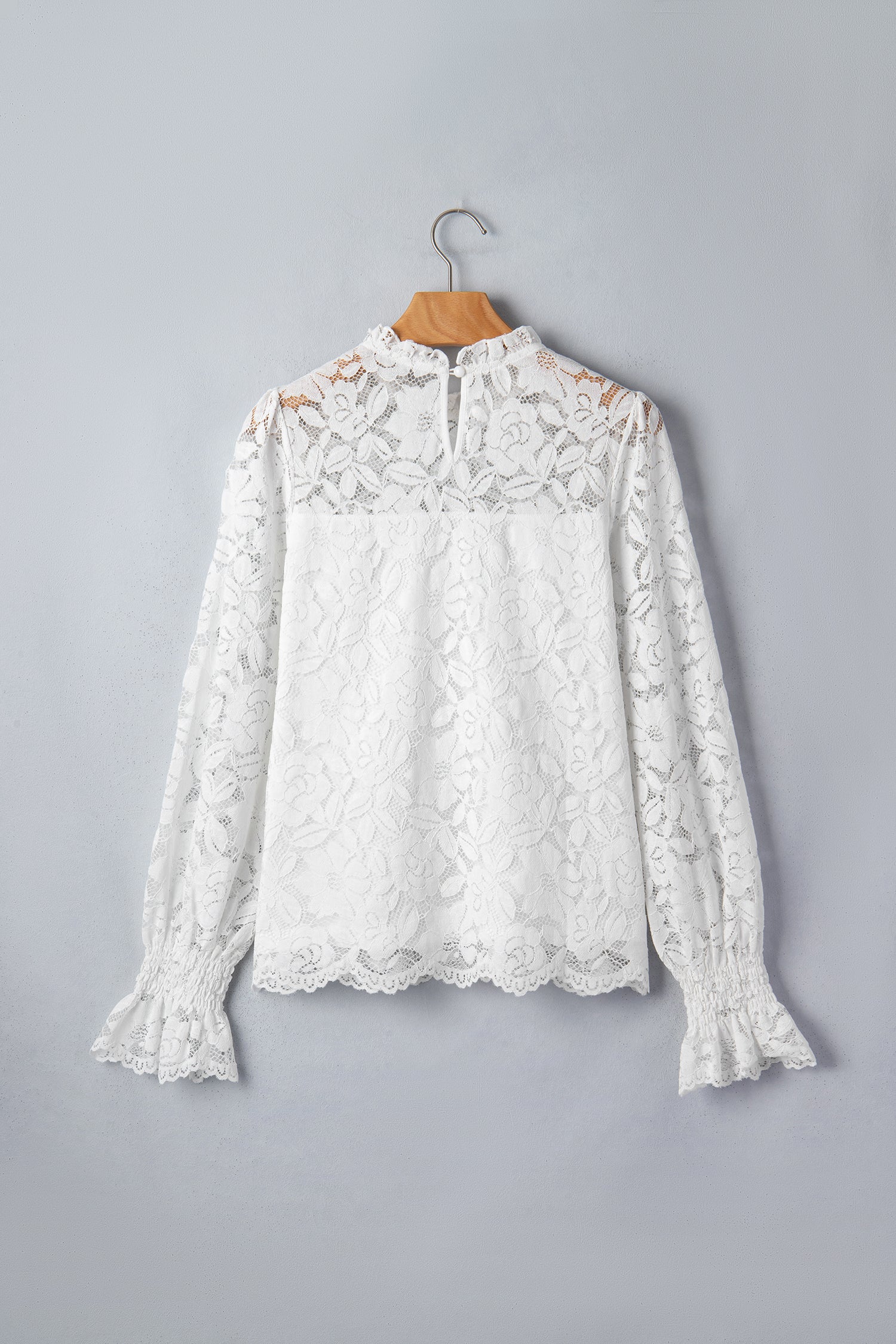 White Ruffled Round Neck Long Flounce Sleeve Sheer Lace Blouse
