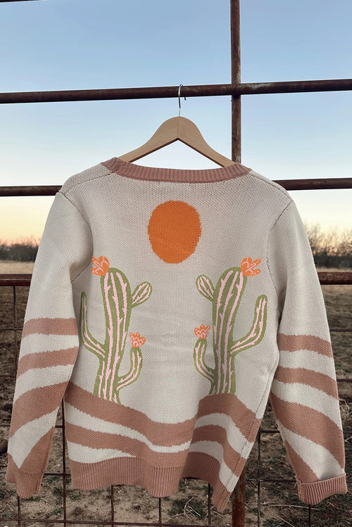 Apricot Cactus Print V Neck Plus Size Button Cardigan