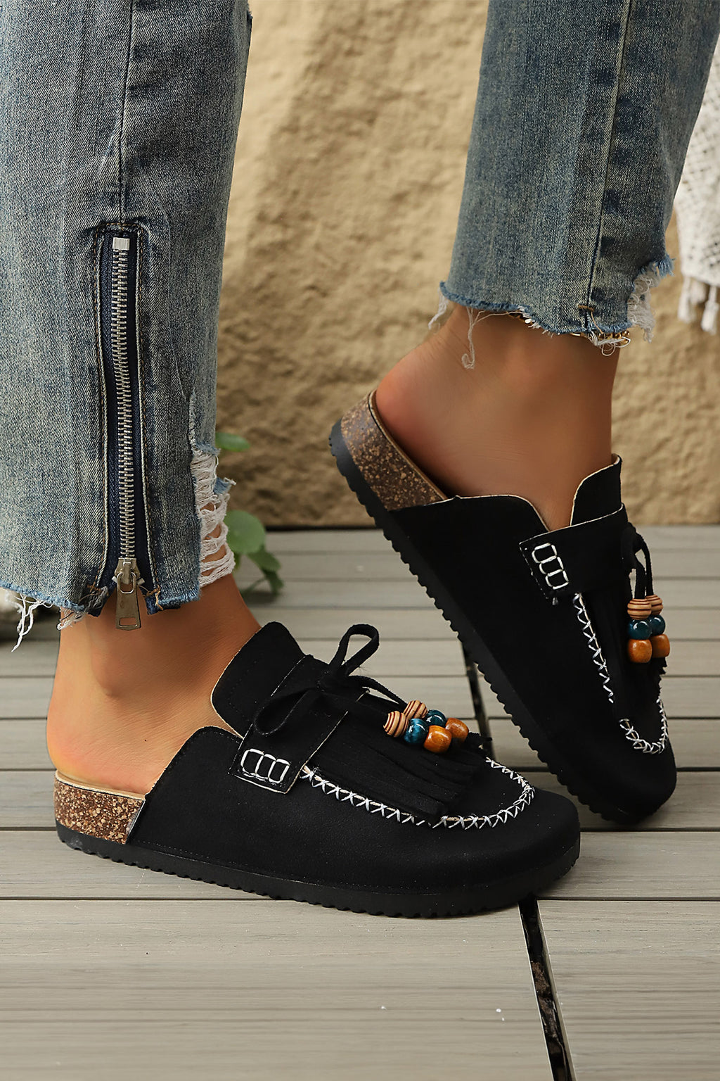 Dark Grey Boho Bow Fringed Faux Suede Slip-on Loafers Square Toe Casual Slippers