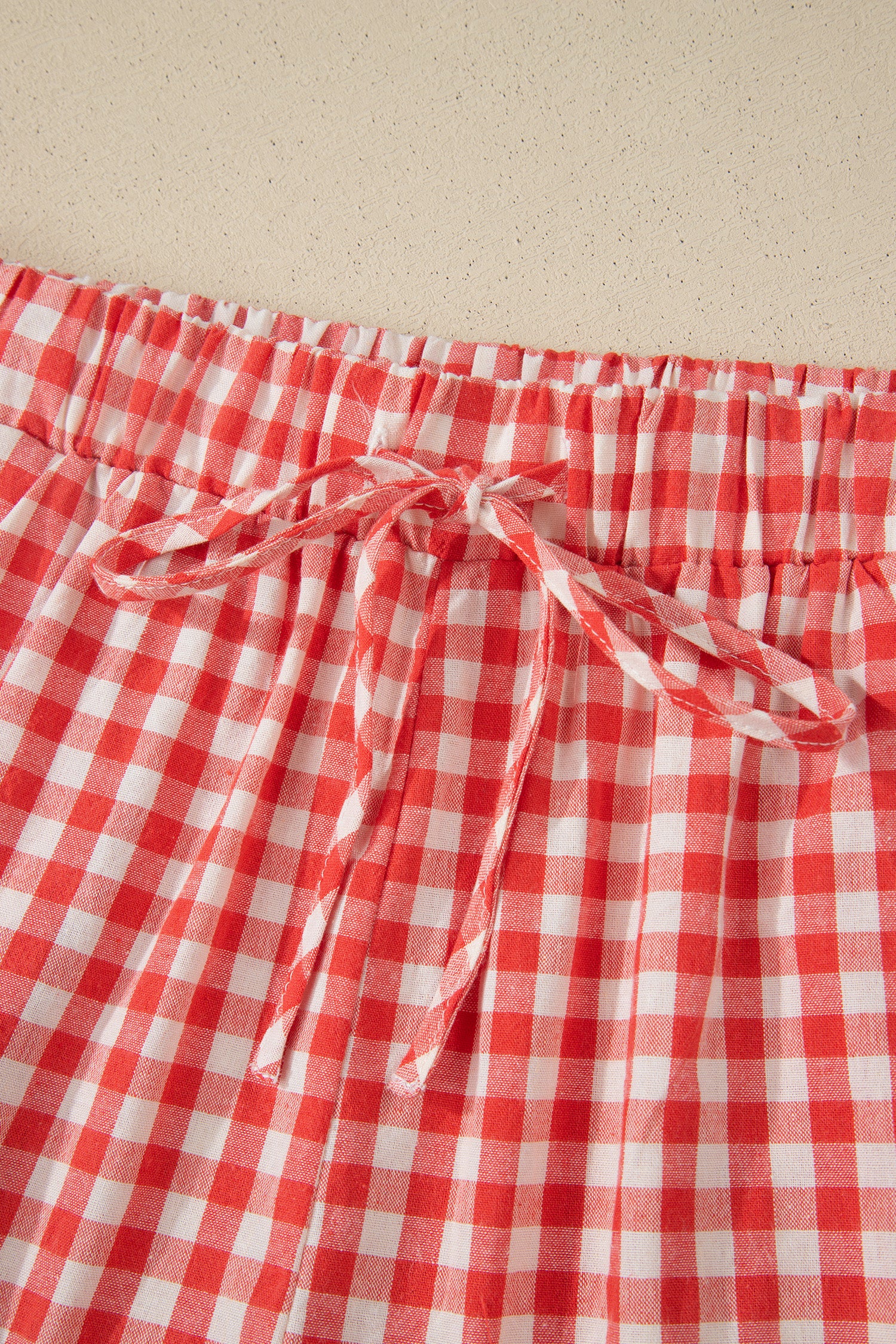 Red Gingham Plaid Tie Elastic Waist Lace Patchwork Hem Casual Shorts