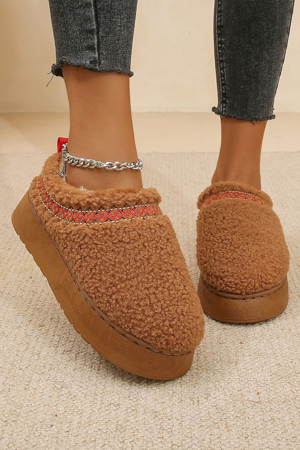 Chestnut Contrast Edge Plush Thick Sole Slippers