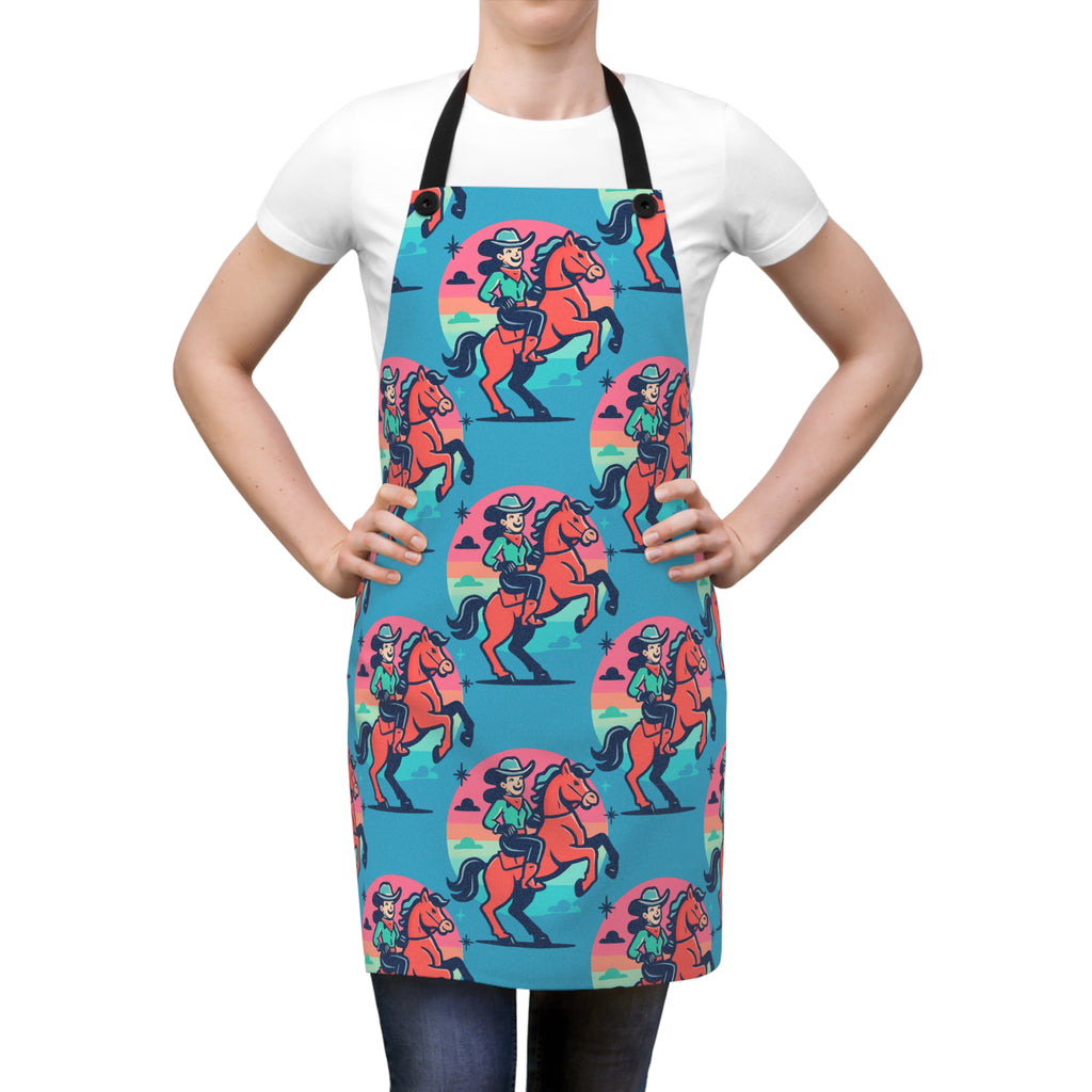 Cowgirl Riding Horse Apron — Retro Western Kitchen Apron