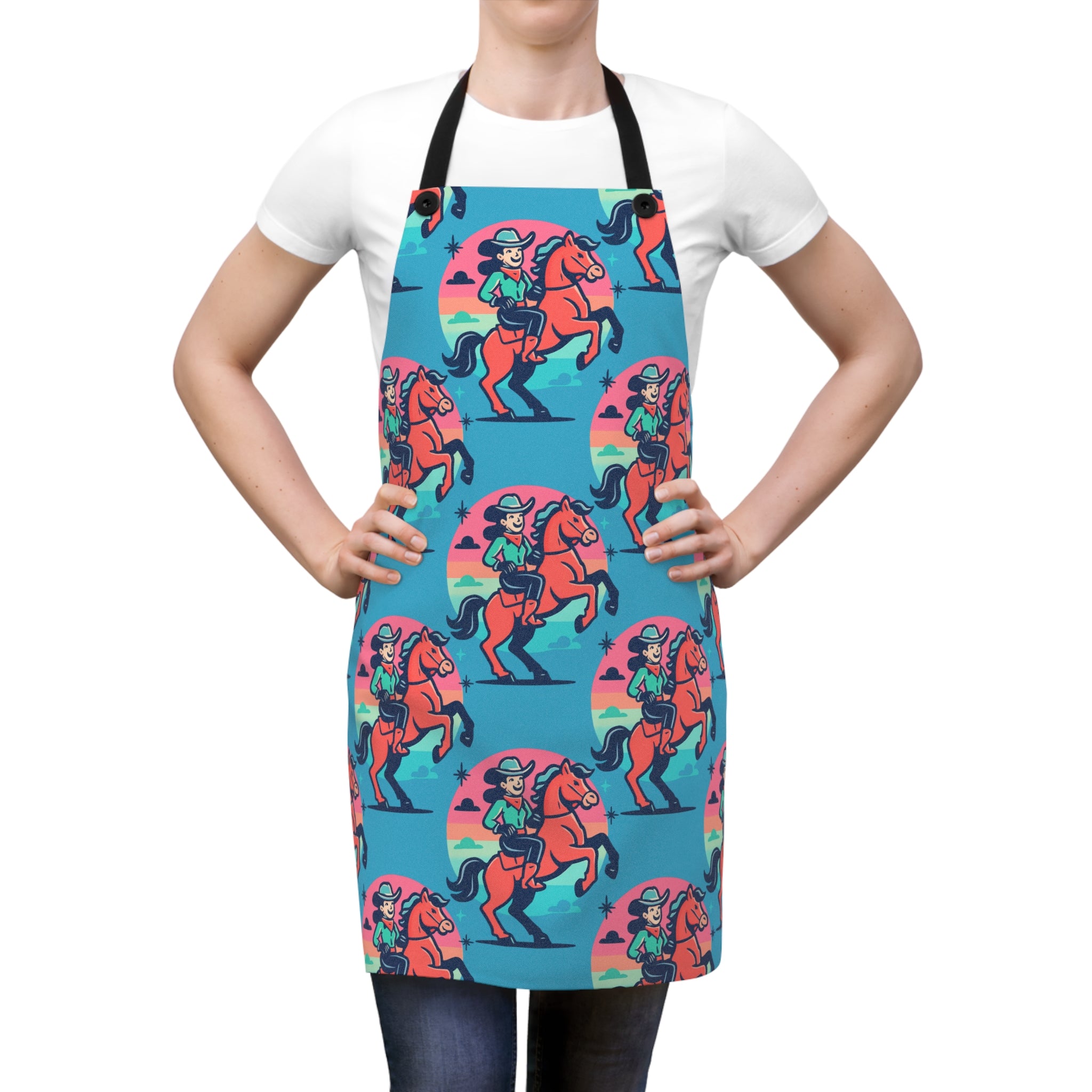 Cowgirl Riding Horse Apron — Retro Western Kitchen Apron