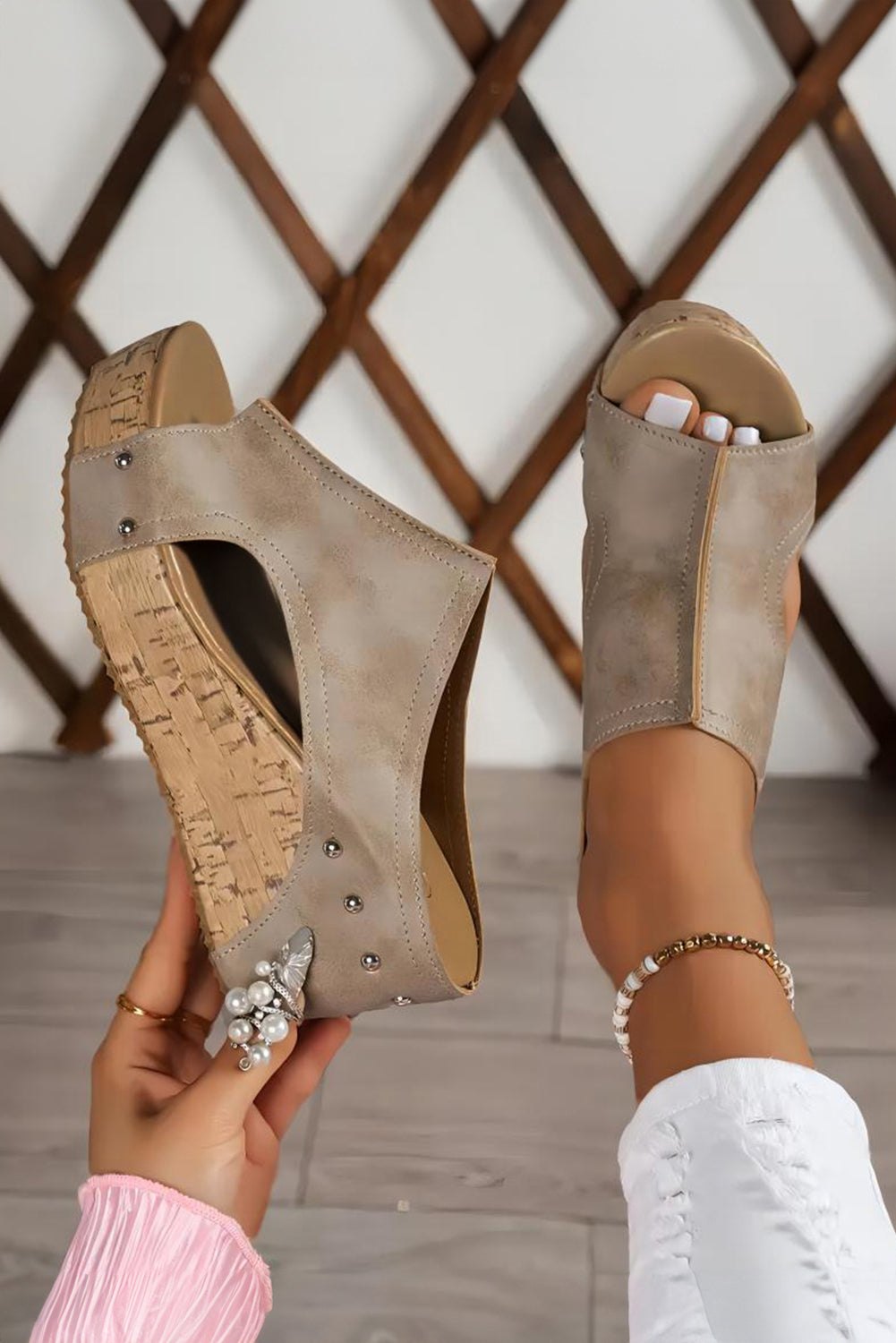 Chestnut Hollow Out Studded PU Leather Wedge Slippers