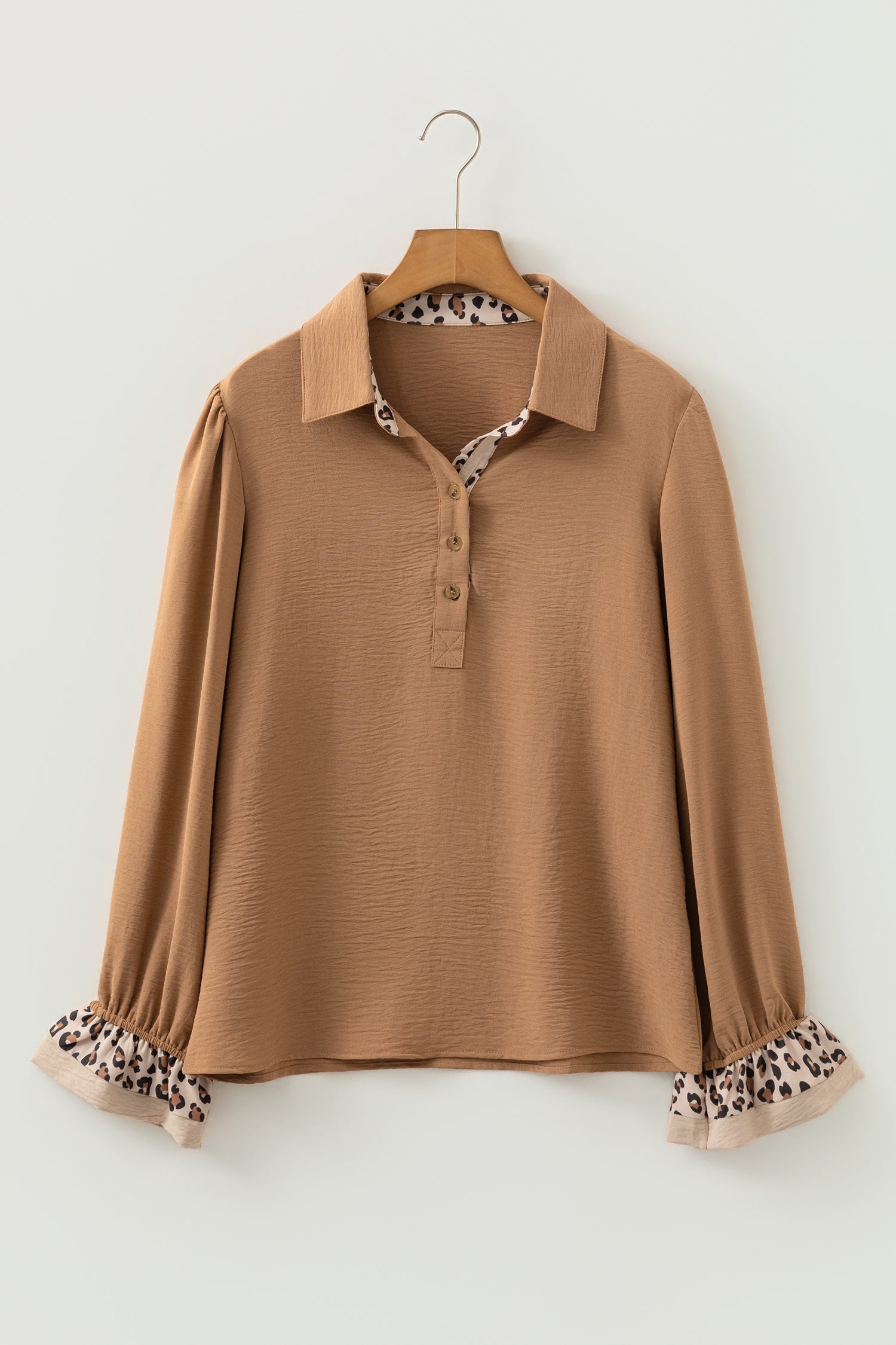 Camel Contrast Leopard Print Patchwork Polo Collar Buttons Front Ruffled Long Sleeve Blouse