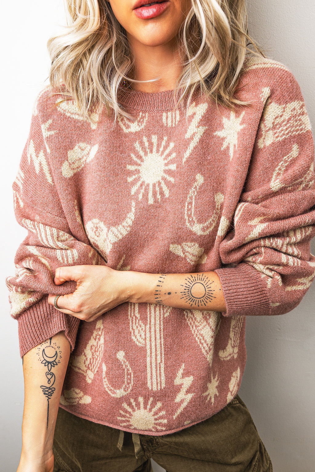 Peach Blossom Western Print Drop Shoulder Round Neck Long Sleeve Sweater