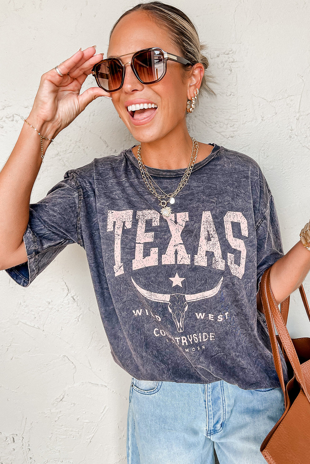 Medium Grey TEXAS Steer Head Graphic Mineral Wash Oversized T Shirt