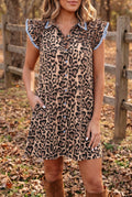 Khaki Leopard Print Lace Trim Shirt Collar Button Down Loose Mini Dress