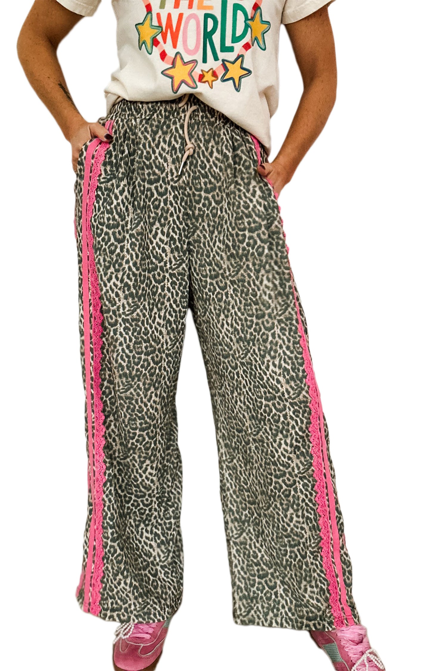 Brown Wild Leopard Print Contrast Lace Striped Detail Drawstring Pants