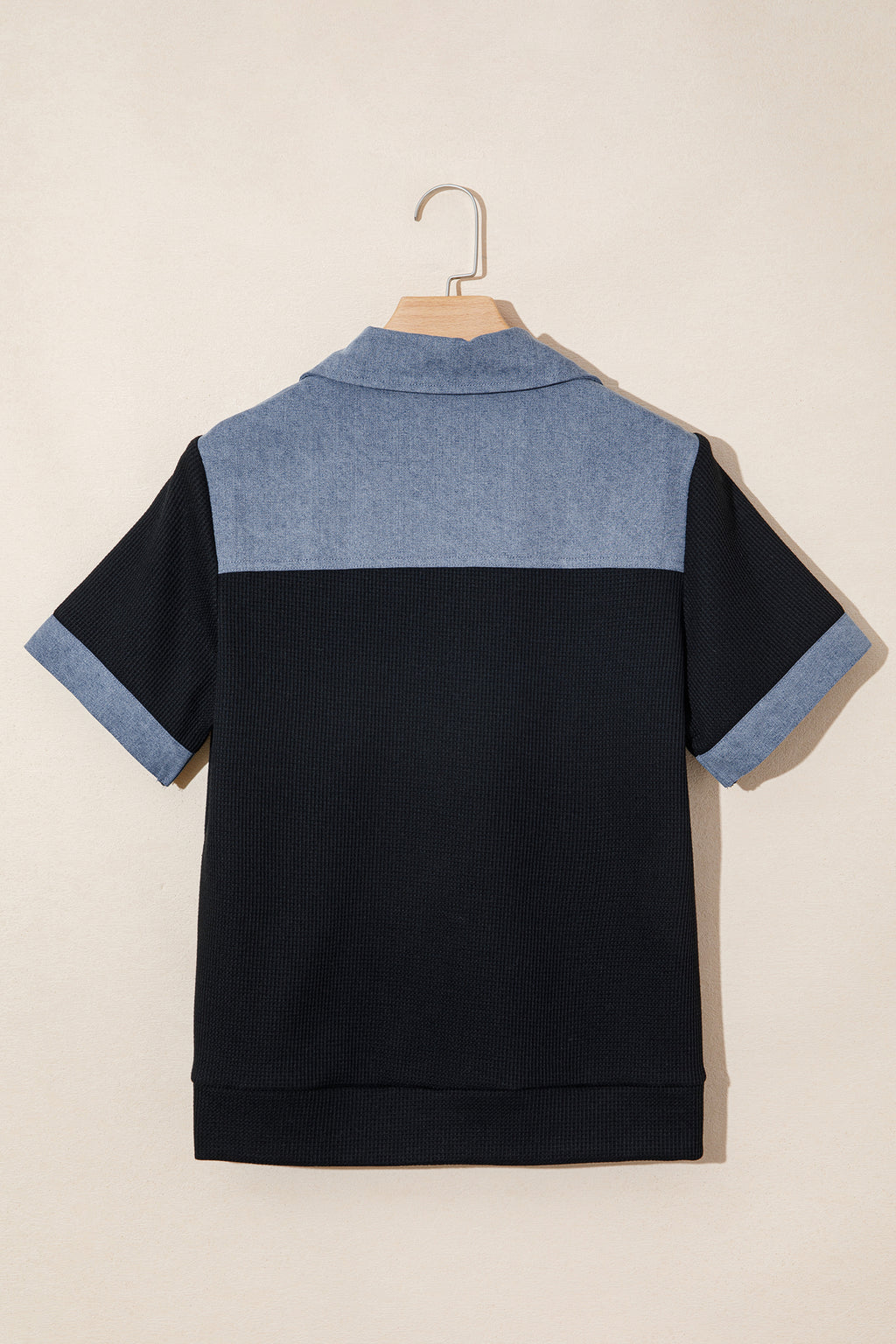 Black Waffle Knit Denim Color Block Patchwork Button Flap Polo Top