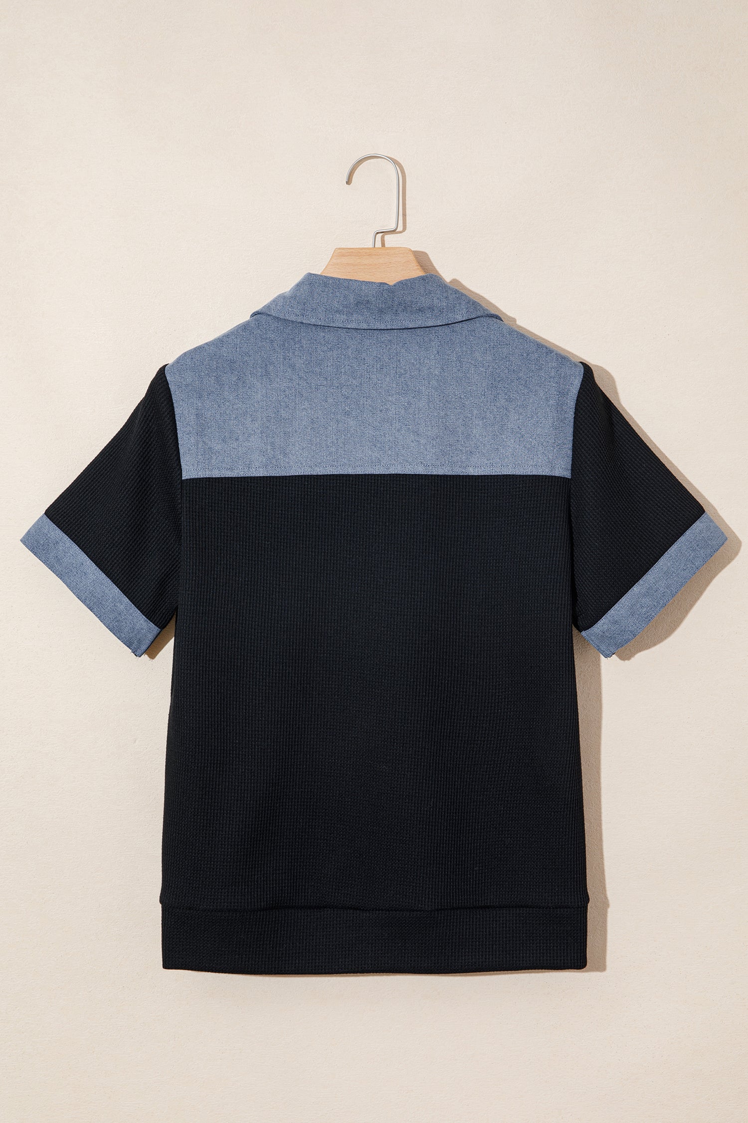 Black Waffle Knit Denim Color Block Patchwork Button Flap Polo Top