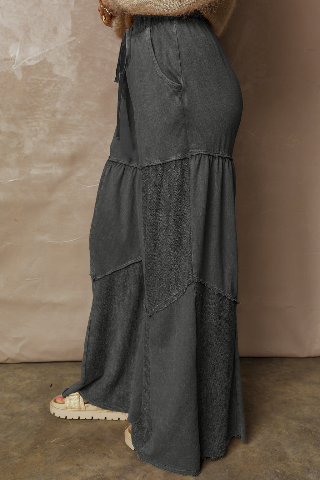 Vineyard Green Mineral Wash Tiered Wide Leg Patchwork Drawstring Pants