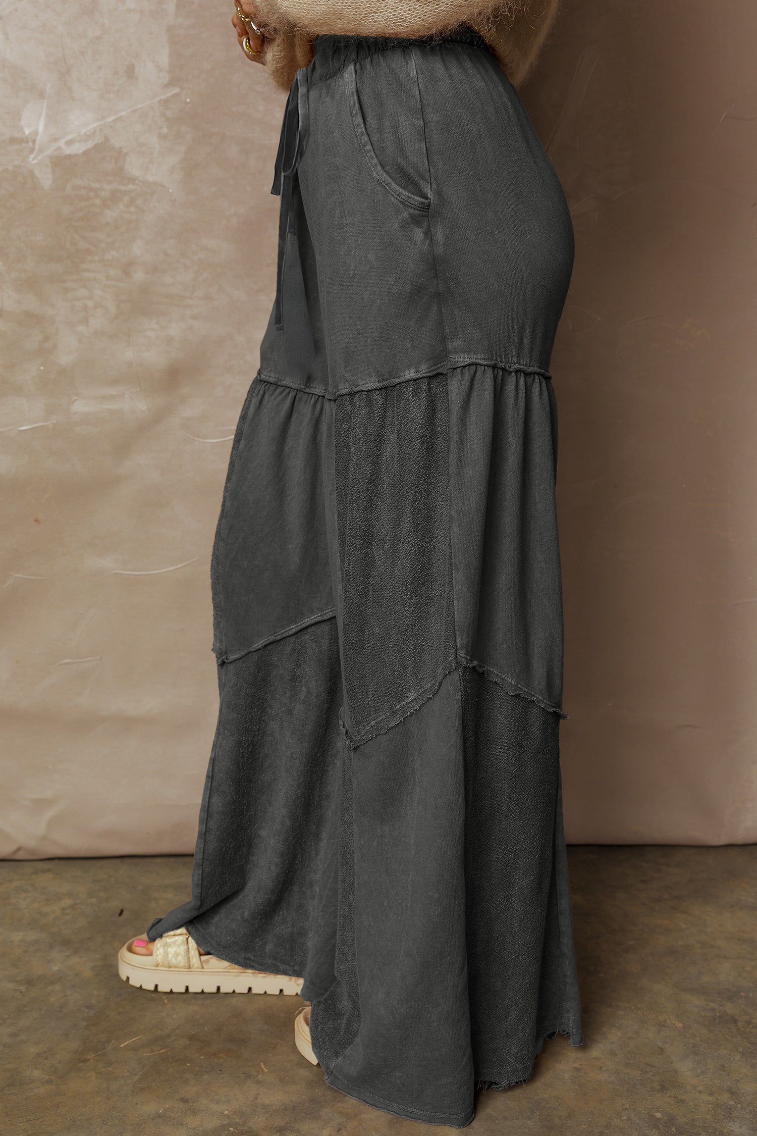 Vineyard Green Mineral Wash Tiered Wide Leg Patchwork Drawstring Pants