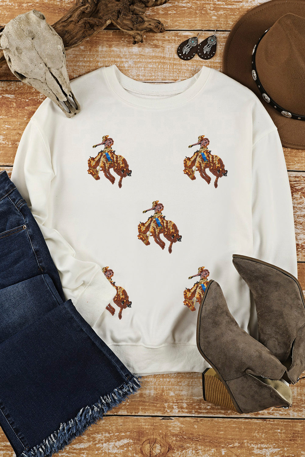 White Sequins Patch Graphic Drop Shoulder Sweatshirt