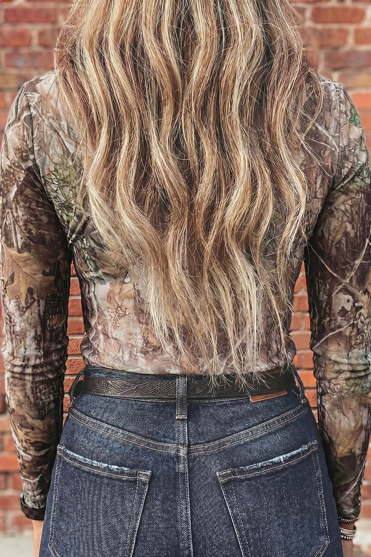 Oatmeal Western Print Slim Fit Mesh Long Sleeve Mock Neck Top