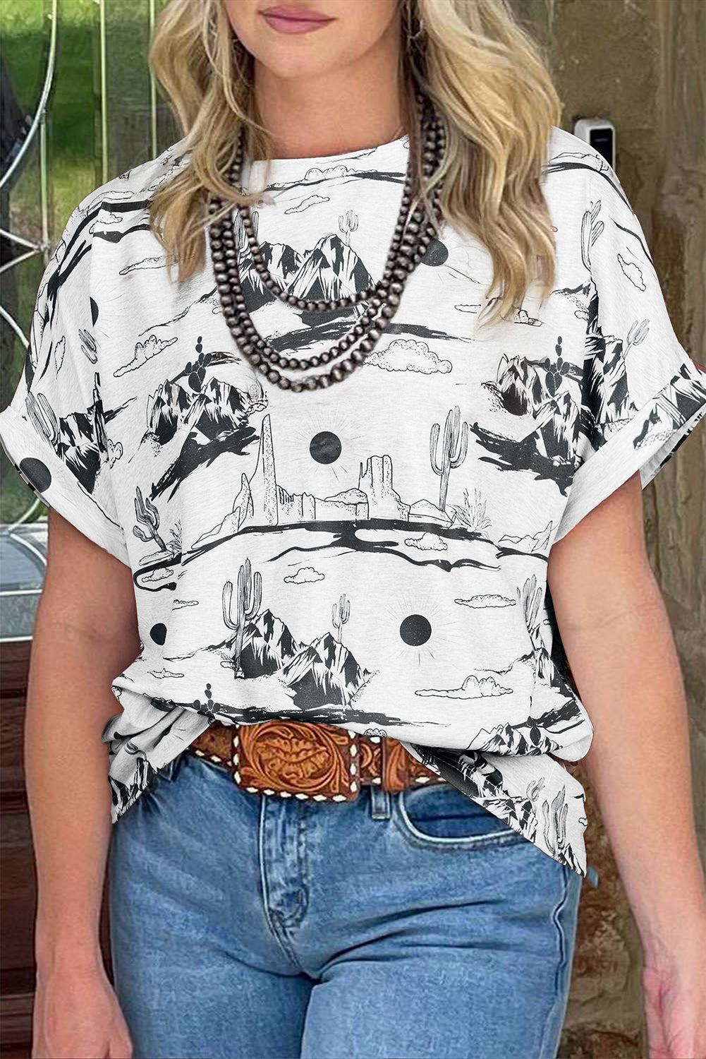 Chestnut Desert Sand Print Short Sleeve Knit Top